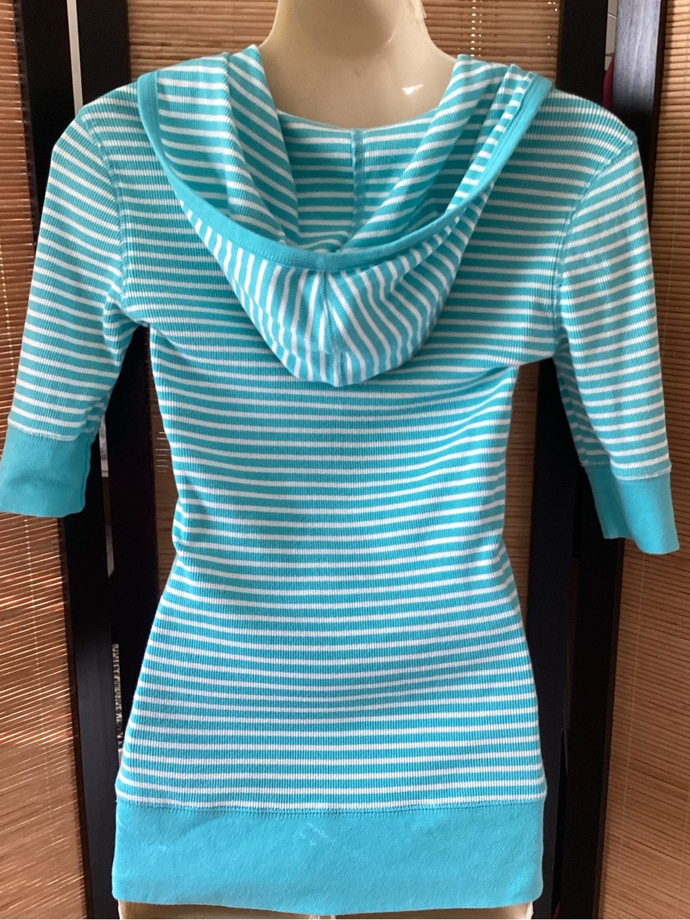Vintage Y2K striped Henley top with hood and pocket Sz S short sleeve aqua white - Picture 6 of 9